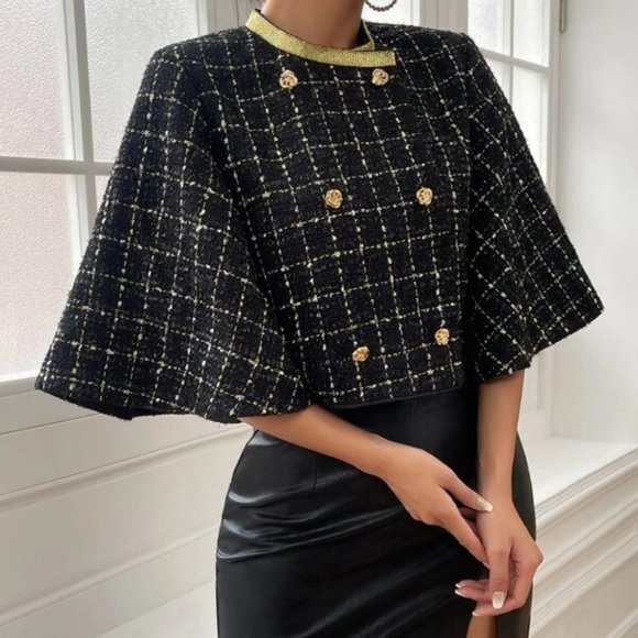 . Jackets & Blazers - black Double Breasted Trim detailed Trumpet Sleeve Tweed Overcoat Jacket